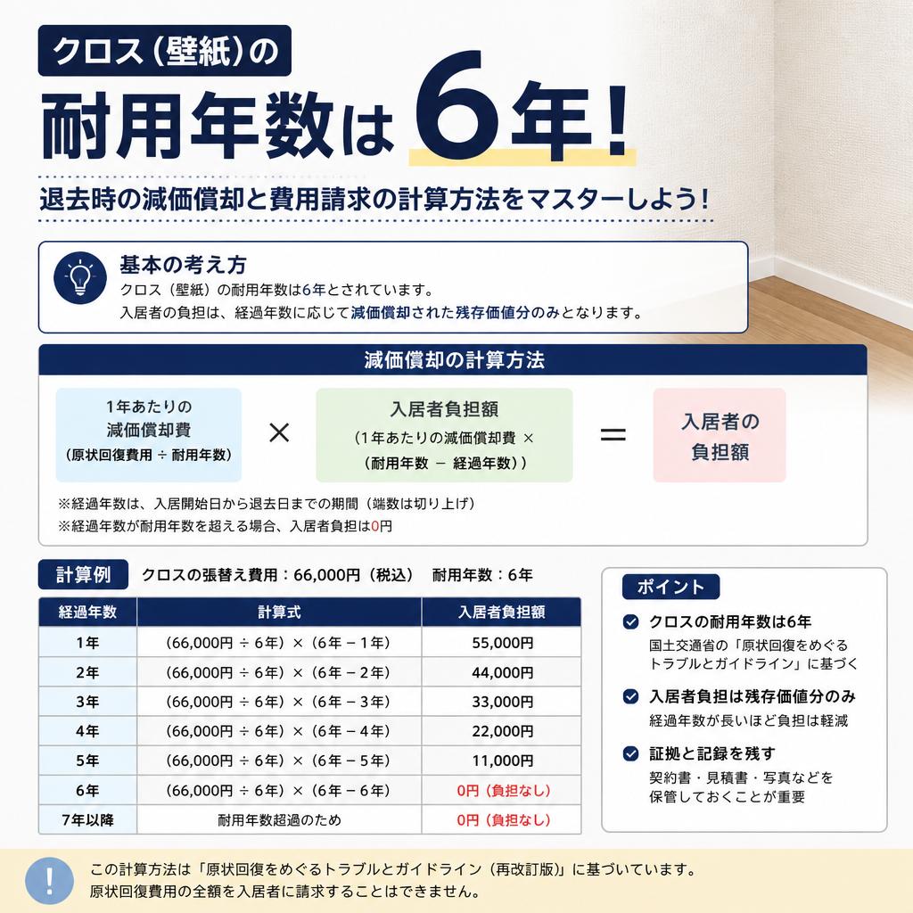 クロス（壁紙）の耐用年数は6年！退去時の減価償却と費用請求の計算方法をマスターしよう！